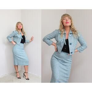 1950's Vintage Aqua Tweed Tailored Wool Suit ~ Women's XXS to XS 24" 25" Waist